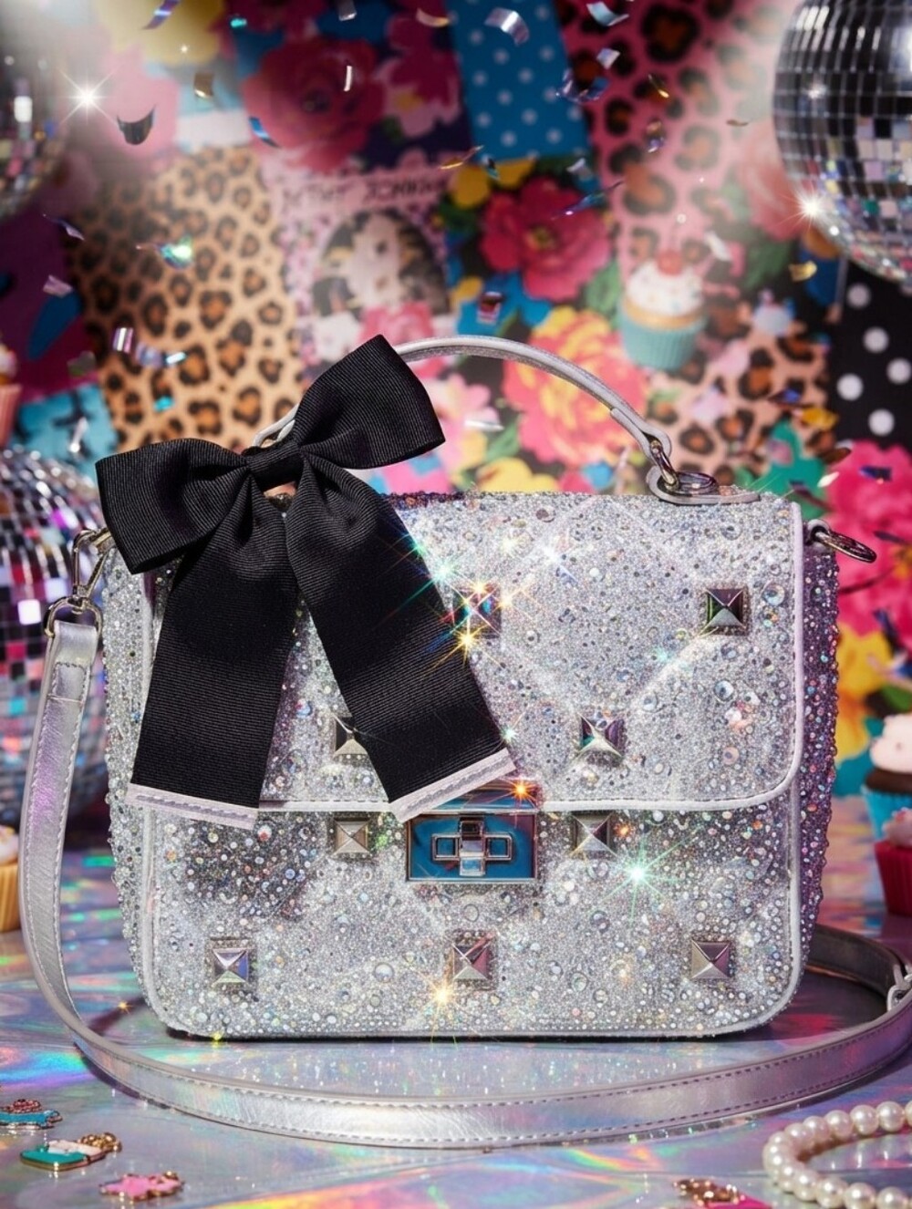 LIKE-NEW Betsey Johnson Silver Crystal Studded Purse w/Bow, Sparkle, Rhinestones - Picture 11 of 13